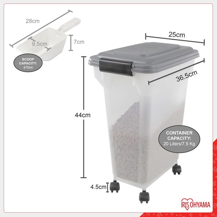 Контейнер для корму Iris Ohyama для собак та котів, 20л, сірий, герметичний, з міркою, BPA-free