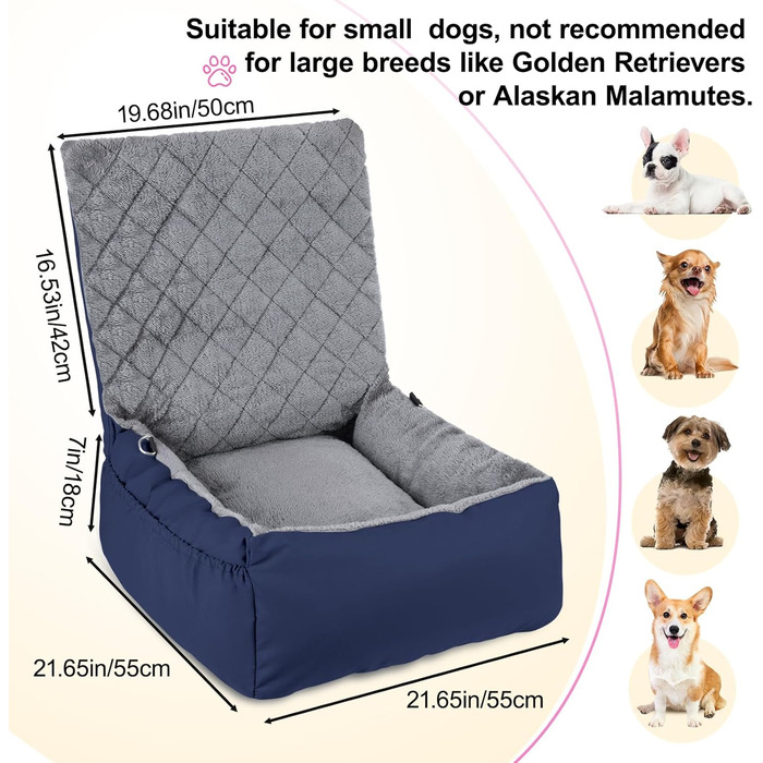 Автомобільний лежак для собак маленьких та середніх порід – м'який плюшевий лежак з кишенею для зберігання, стійкий до подряпин, для заднього та переднього сидіння, з ременем безпеки, блакитний, колір 03