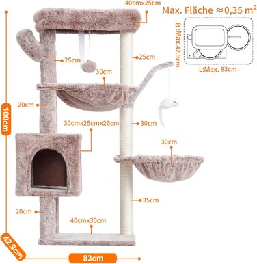 Кігтеточка-комплекс для котів Heybly HCT006SW, 100 см, з платформою, гротоподібною печерою та гамаками, коричнево-бежевий