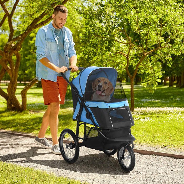 Коляска для собак PawHut Dog Buggy зі світловідбивачами, складна, кошик для зберігання, сонцезахисний козирок, сітчасте вікно, Оксфорд, синій| Аосом