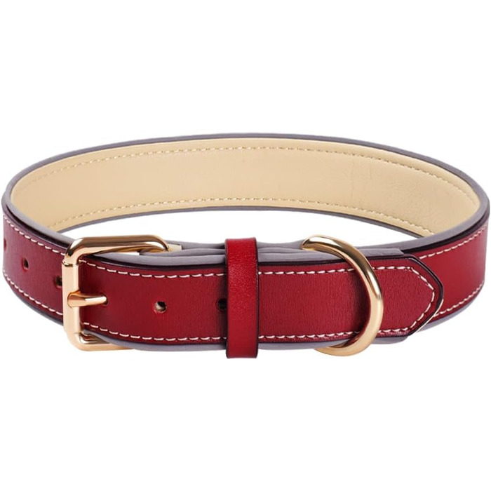 Нашийник для собак з червоної шкіри - якісний, м'який, з відбиваючими елементами та золотистою блискавкою для собак малих, середніх та великих порід