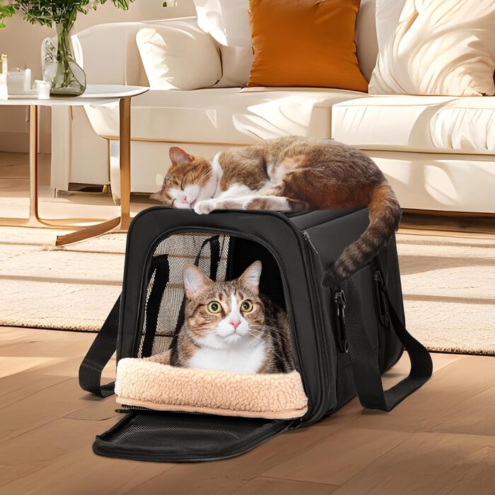 Переноска для кота та собаки Petsfit - чорна, розмір M (45.5 x 28 x 28 см) з м'яким килимком