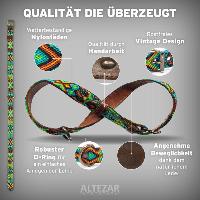 Шкіряний нашийник для собак ALTEZAR XS, коричневий, ручна робота, вишитий, натуральна шкіра, для маленьких собак, Мексика