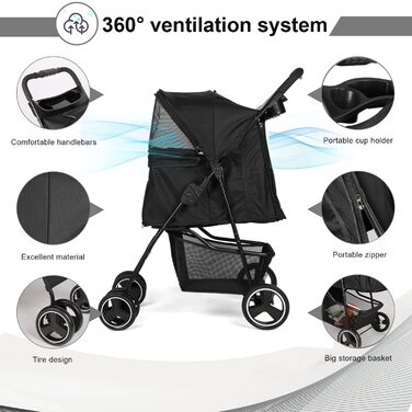 Дитяча коляска для тварин та дітей, складана, з кошиком для зберігання, поворотні колеса 360°, гальма, легка, чорна