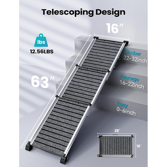 Рампа для собак у автомобіль, телескопічна, 160 см, до 200 кг, з антиковзким покриттям