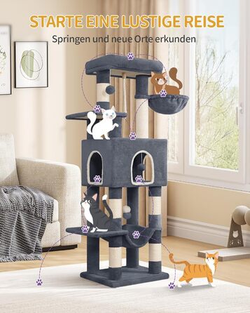 Дерево для котів Hzuaneri Kratzbaum 149 см з 5 стовпчиками для шліфування, платформами, печереєю, багатоярусне котяче ігрове дерево, помпонами, MS14918LG (темно-сірий)