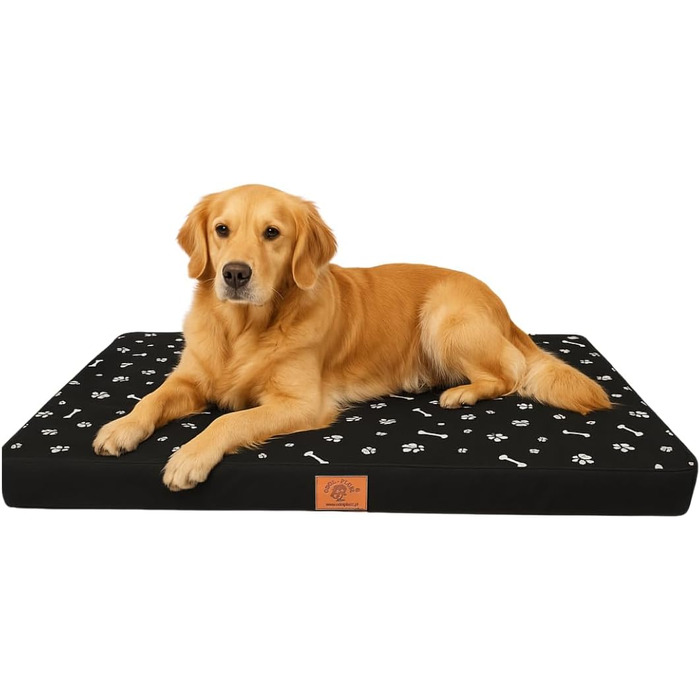 Ортопедичне собаче ліжко Odolplusz для великих собак | М'яке собаче ліжко для середніх та великих собак | Собача матрацна подушка знімний чохол | (100x70x7см, Чорний, Мотив кісток)