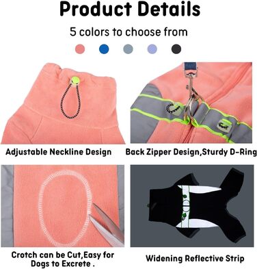 Флісова тепла куртка для собак на зиму, Onesie для цуценят з регульованою талією, D-кільцем та світловідбиваючими смугами, теплий одяг для собак, костюм для маленьких та середніх собак_L (L:Обхват грудей:48см/18.8дюймів; довжина спини:33см/12.9дюймів, рож
