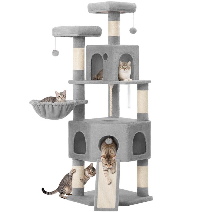 Кігтеточка для котів Hzuaneri, 174 см, XL, 2 платформи, 2 печери, 4 стовпчики, дошка для шліфування кігтів, мотузка з сизалю, плюшеві кульки, сірий колір, для кількох котів MS17418LG