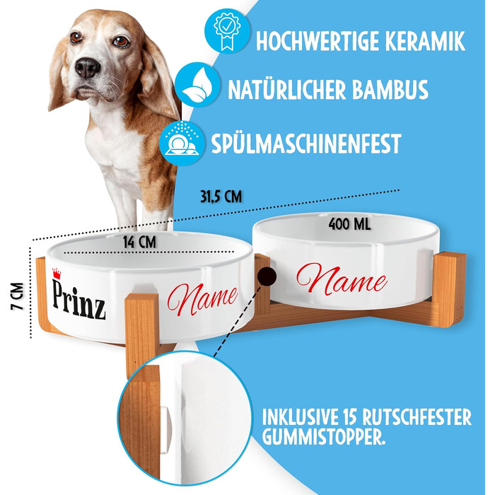OWLBOOK Миска для собак з гравіюванням імені, подвійна миска для корму та води з кераміки та бамбука, 300 мл