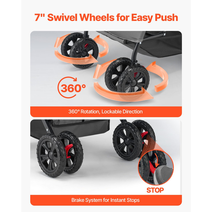 Візок для собак VEVOR, до 20 кг, складаний, 4-колісний, з сітковими віконцями та змінним ручками, з гальмом, для маленьких та середніх тварин