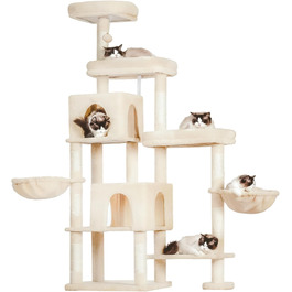 Котячий будиночок Hey-brother XXL для великих котів, 180 см, стабільний, з 3 платформами, 3 печерами та 2 котячими будиночками (Бежевий)