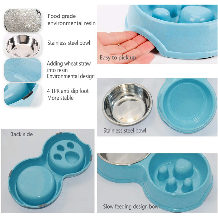 Миска для собак Frenchie Fress, нержавіюча сталь, інтерактивна, для повільного годування, екологічна, біла (блакитна)