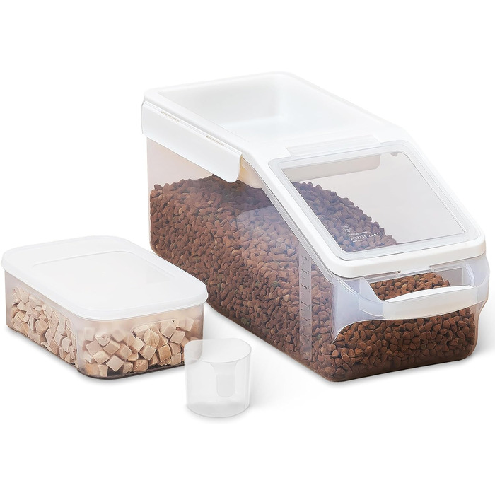 Контейнер для корму з колесами і мірною чашею, герметичний, BPA Free, верхня кришка, для сухого корму котів і собак, білий, розмір L
