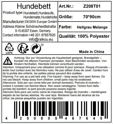 Крісло-ліжко для собак Raikou: комфортне місце для відпочинку, захист дивану та багажника, антиковзаюче покриття, легко миється, підходить для великих і маленьких собак (70x90 см, світло-сірий)