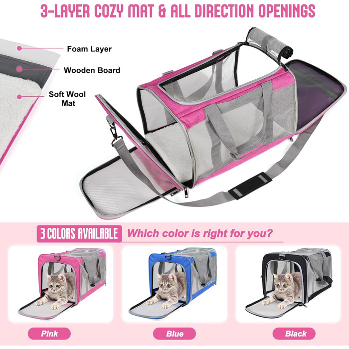 Транспортна сумка для великих котів (до 9 кг) з м'якими боковинами та стабільним ременем, рожева