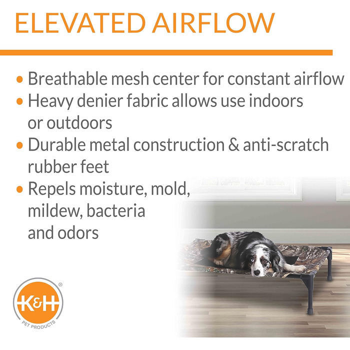 Охолоджуване собаче ліжко K&H Pet Products для вулиці, з піднятим бортиком, дихаюча сітка, 81x64x18 см, Realtree Edge Camo/чорна сітка