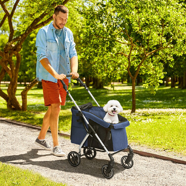 PawHut Коляска для собак Light Dog Buggy з алюмінію Складна для собак і кішок до 10 кг Cat Buggy з подушками Сітчасті вікна Двері Кошик для зберігання Котяча коляска Баггі Dark Blue | Аосом