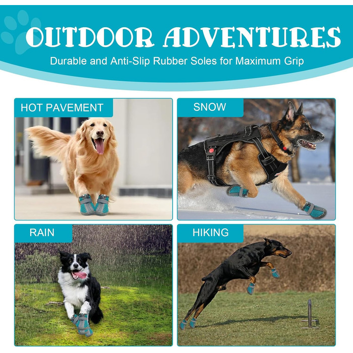 Взуття для собак, захист подушечок лап, Outdoor, 4 шт., з світловідбиваючим кріпленням, дихаючі собачі чоботи, регульований захист лап для маленьких та середніх собак (1, блакитний)