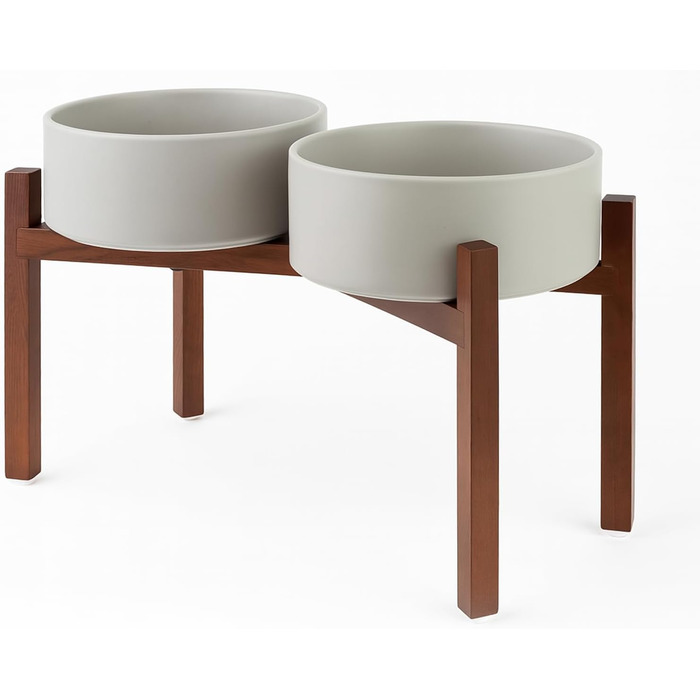 Миска для собак SpunkyJunky з кераміки, подвійна, піднята на підставці з акації, 1800 мл, сіра