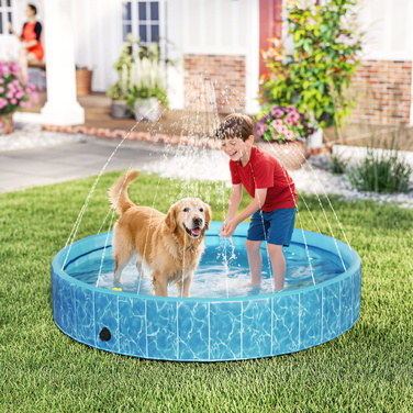 PawHut Dog Pool Складаний весловий басейн з фонтаном і подушкою для води Дизайн Ø160 x 30 см Нековзна ванна для собак Басейн для собак і кішок | Аосом