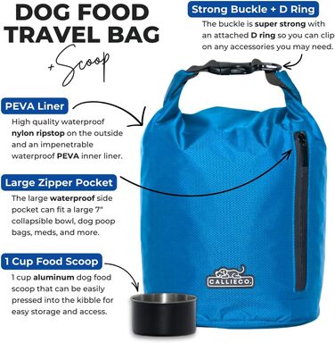 Сумка для корму для собак Callieco з лопаткою та кишенею на блискавці, водонепроникний контейнер для дому, подорожей на авто, кемпінгу, перевезень авіакомпаніями та іншого (Зелений, 32 чашки)
