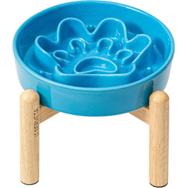 Миска для собак LE SERVETA Slow Feeder з кераміки, піднята, 3 миски, з дерев'яною підставкою, для собак середніх та великих порід, інтелектуальна миска-пазл (Блакитна)