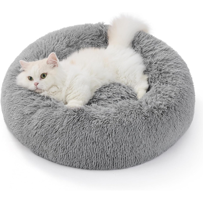 Кругле ліжко для котів та собак BEDSURE, Ø 50 см, плюшеве, сіре, 50x50x13 см