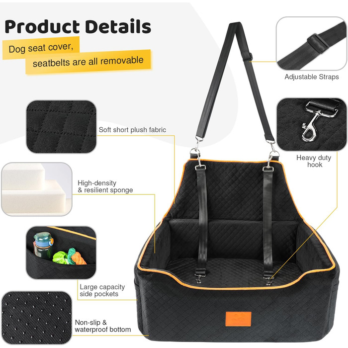 Автокрісло для собак великих та середніх порід, до 25 кг, з підняттям, знімний чохол, кишені для зберігання, чорне