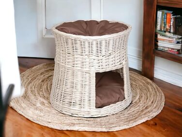 Кігтеточка-будиночок для котів: двоярусне ліжко з плетіння з лози, діаметр 50 см, з подушкою, білий колір