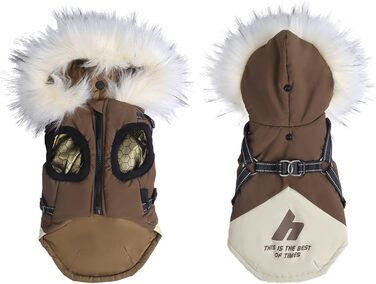 Водонепроникний жилет для собак з капюшоном, теплий жилет з шлейкою для собак, теплий та м'який, коричневий, S-3XL