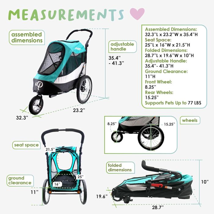 Візок для собак Petique Trailblazer Jogger Space Gray з насосом, дощовиком, адаптером для велосипеда та прапорцем безпеки | З повітряними колесами | Складаний | З оглядовим вікном | Для великих собак та котів (Neptune)