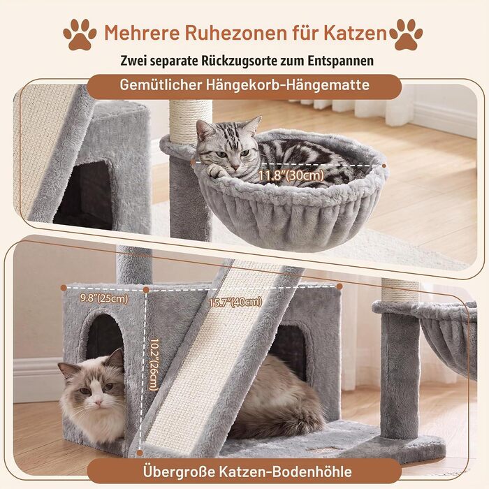 Дряпалка для котів Heybly HCT206SMJ (69 см) з двома лежаками та великою scratching-дошкою, світло-сіра