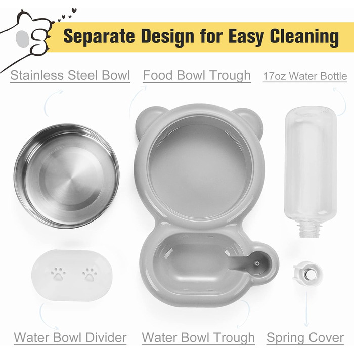 Набір мисок для собак та котів з водопої та миски з нержавіючої сталі - сірий