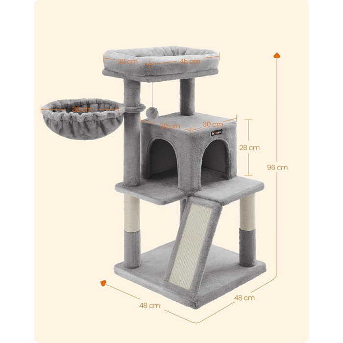 Дерево для котів Feandrea 96 см з великою платформою, будиночком, гамаком та сходами, м'який плюш, сірий PCT51W