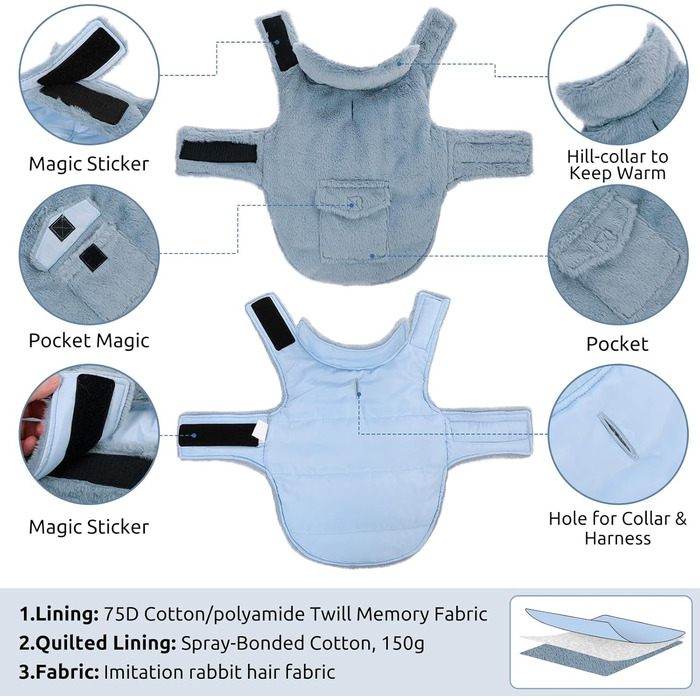 Теплий зимовий одяг для собак CITE TOILE з захистом живота, зимова куртка для собак з світловідбиваючими елементами, двостороння куртка для собак з отвором для шлейки, XXL (X-Large, самт блакитний)