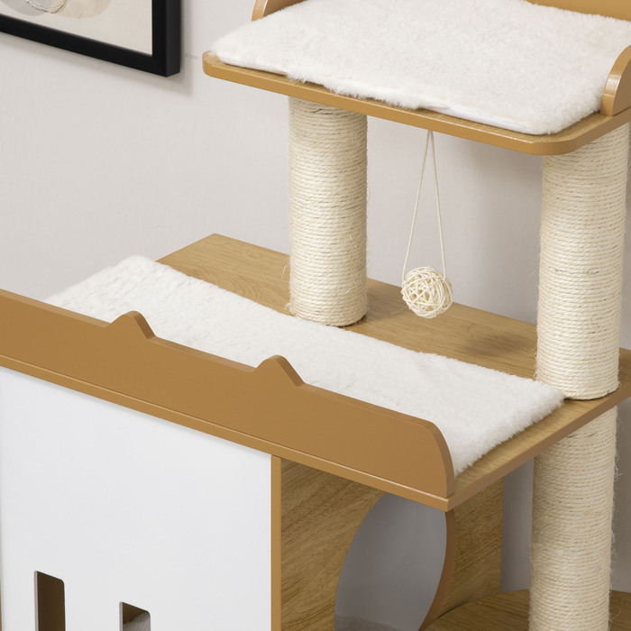PawHut Cat Tree, 133 см, кігтеточка для кішок Cat Tree з 2 котячими печерами, зі стеблами для подряпин, подушками, м'яч, меблі для кішок, кімнатна, дуб+біла | Аосом