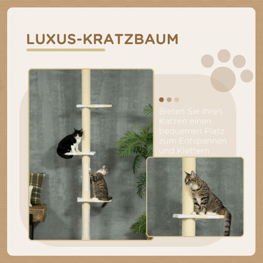 PawHut Cat Tree, Кігтеточка для кішок Висота стелі, 220-260 см, Лазіння по дереву з Play Ball, Котяче дерево з регулюванням висоти, Ігрове дерево із захистом проти нахилу, Плюш, Жовтий | Аосом