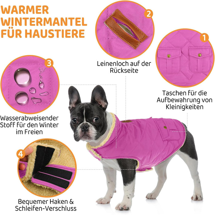 Зимовий теплий верхній одяг для собак Queenmore: флісова куртка для дрібних порід (Такса, Чихуахуа, Пудель, Бульдог, Бігль), розмір S, рожевий