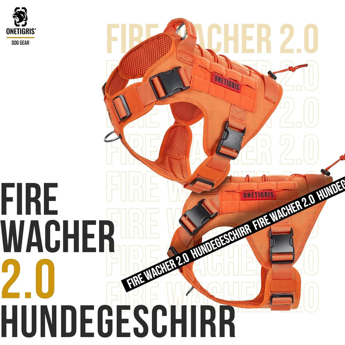 OneTigris тактична шлейка для собак FIRE Watcher, нейлонова 1000D, помаранчева, розмір L, з ручкою, 2 D-кільця, для службових собак, MOLLE система, без ривків