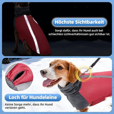 Зимовий теплий одяг для собак SlowTon: куртка з поларфлісу з коміром-шарфом, світловідбивачі, регульована, водонепроникна, вітронепроникна, для цуценят, м'яка, червона (M)