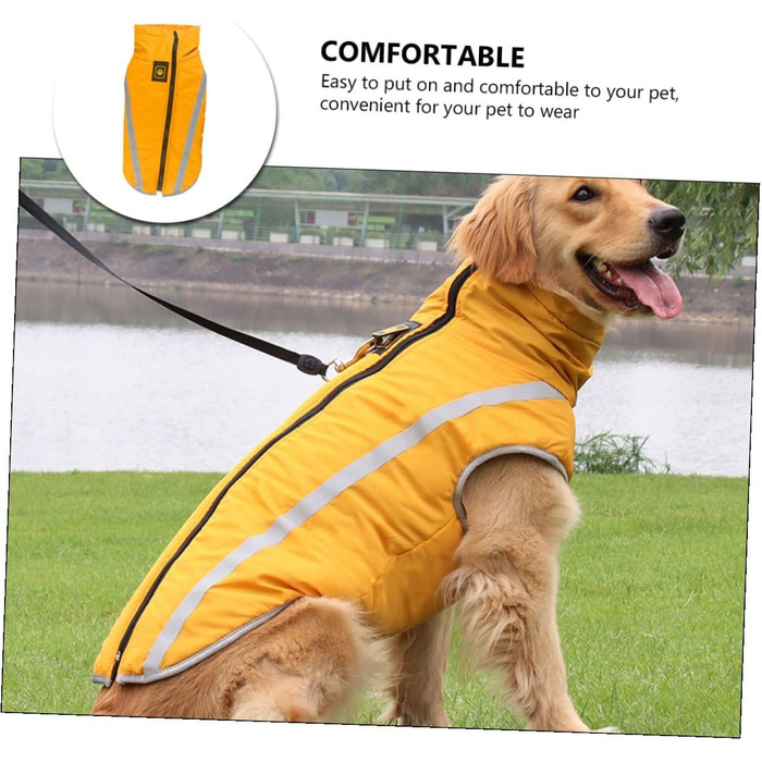 Зимовий теплий дощовик для собак з флісовою підкладкою та світловідбиваючими смугами. Теплий костюм для собак з високим коміром та отвором для повідка. Матеріал: поліестер.