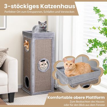 Кігтеточка GYMAX 40x40x99 см, 4-ярусна кігтеточка-будиночок з 3 печерами, знімні плюшеві подушки та 2 когтеточки, стійка кігтеточка для котів, сіра