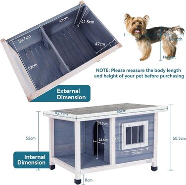 Будка для собак та котів Petsfit з масиву дерева, з балконом, терасою та вікном, утеплена, водонепроникна, для вулиці, 85x62x58 см, світло-сіра