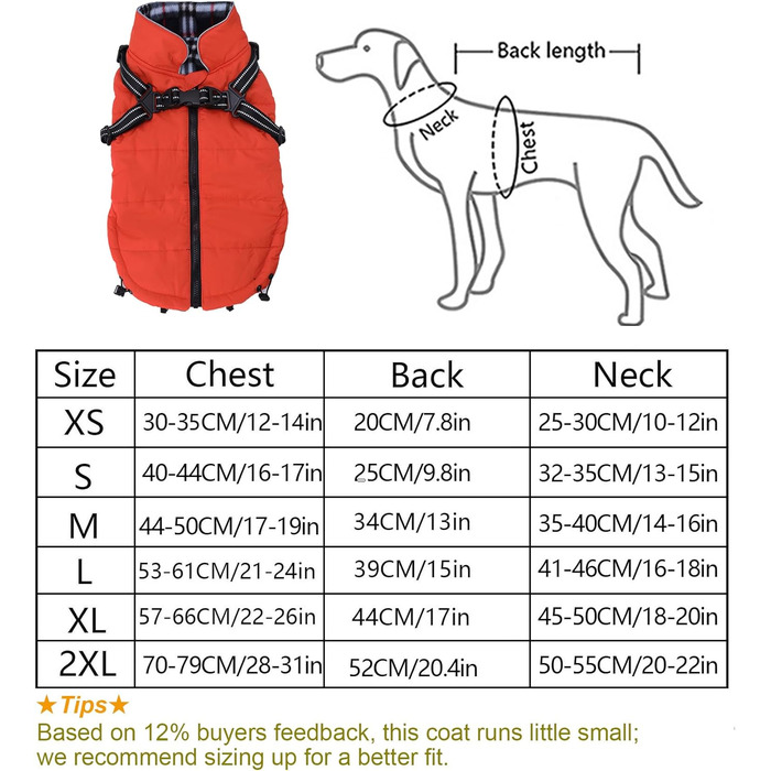 Теплий зимовий одяг для собак з кріпленням для повідка - водонепроникна куртка для собак з блискавкою, оранжевого кольору, XXL (довжина спини: 52 см)