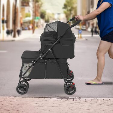 Двошаровий візок для домашніх тварин з сітчастим вікном, гальмом та сумкою для зберігання. Складаний двоярусний візок для собак та котів, вантажопідйомність 15-20 кг (Чорний)