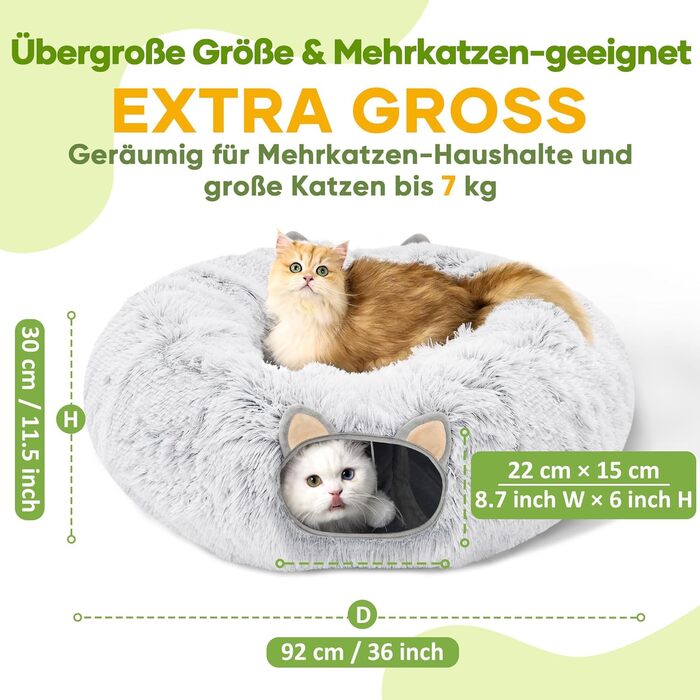 Туннель для котів Unisun XXL з місцем для сну, іграшка-пончик, тунель-ялинка, складний, сірий (92 см)