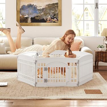 Клітка для цуценят GYMAX 60/75 см, біла, з 6 панелей, з замком та фіксаторами, для дому та вулиці