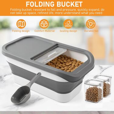 Контейнер для корму для собак та котів, 7 кг, сірий, з мірним стаканом та ложкою