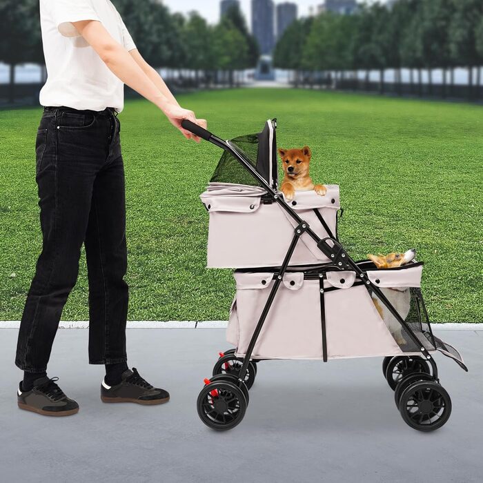 Двошаровий переносний вагончик для собак та котів, складаний, сірий, 40 кг, сітка, гальма, кишеня для зберігання, карбоновий сталь, 95x60 см